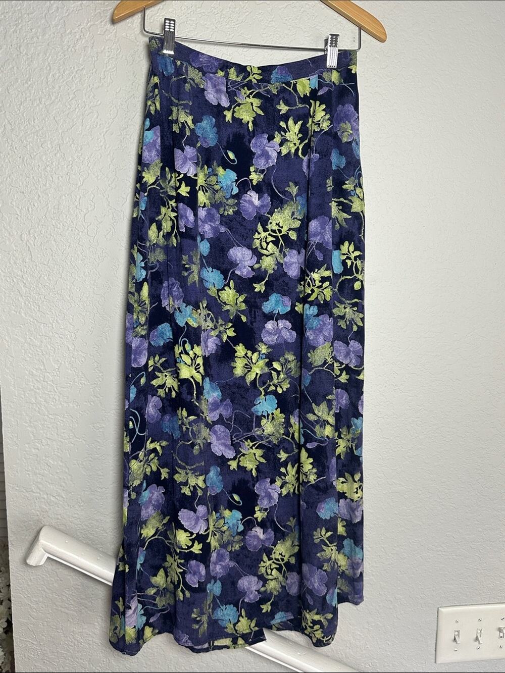 Vintage Casual Corner Maxi Skirt Purple Green Floral Print Boho Indie Size 12